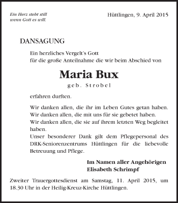 Traueranzeige von Maria Bux von Schwäbische Post