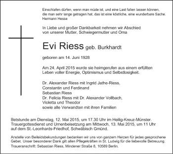 Traueranzeige von Evi Riess von Gmünder Tagespost