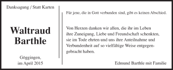 Traueranzeige von Waltraud Barthle von Gmünder Tagespost