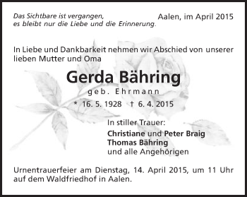 Traueranzeige von Gerda Bähring von Schwäbische Post