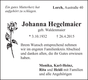 Traueranzeige von Johanna Hegelmaier von Gmünder Tagespost