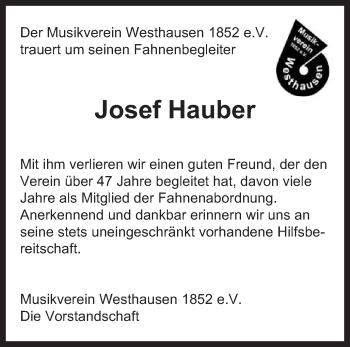 Traueranzeige von Josef Hauber von Schwäbische Post