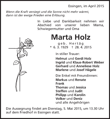 Traueranzeige von Marta Holz von Schwäbische Post