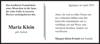 Traueranzeige von Maria Klein von Gmünder Tagespost
