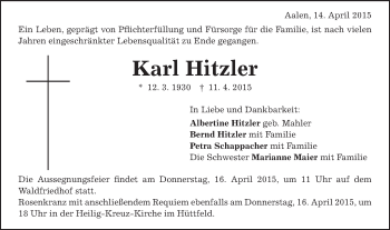 Traueranzeige von Karl Hitzler von Schwäbische Post