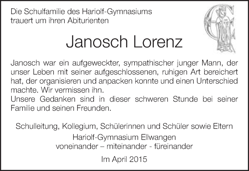  Traueranzeige für Janosch Lorenz vom 11.04.2015 aus Schwäbische Post