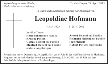Traueranzeige von Leopoldine Hofmann von Schwäbische Post