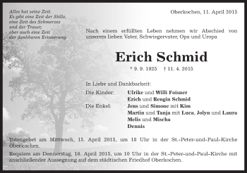 Traueranzeige von Erich Schmid von Schwäbische Post