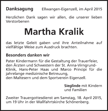 Traueranzeige von Martha Kralik von Schwäbische Post
