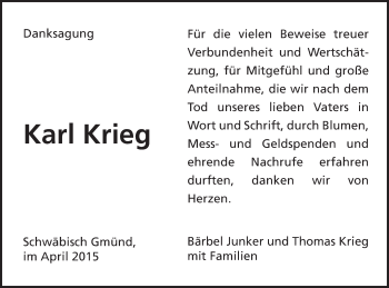 Traueranzeige von Karl Krieg von Gmünder Tagespost