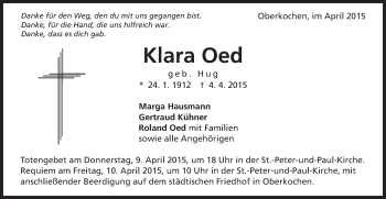 Traueranzeige von Klara Oed von Schwäbische Post