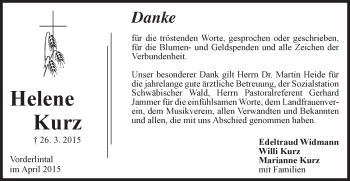 Traueranzeige von Helene Kurz von Gmünder Tagespost
