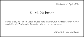 Traueranzeige von Kurt Grieser von Gmünder Tagespost