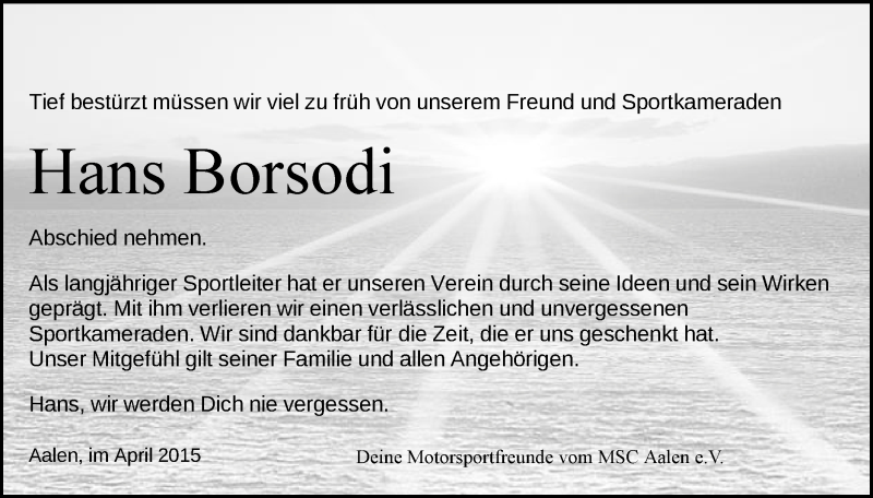  Traueranzeige für Hans Borsodi vom 09.04.2015 aus Schwäbische Post