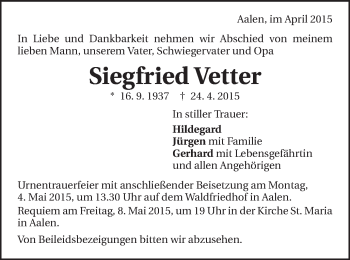 Traueranzeige von Siegfried Vetter von Schwäbische Post