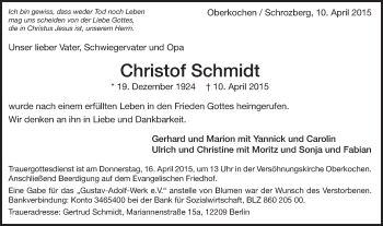 Traueranzeige von Christof Schmidt von Schwäbische Post