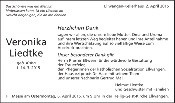Traueranzeige von Veronika Liedtke von Schwäbische Post
