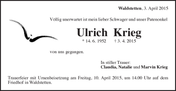 Traueranzeige von Ulrich Krieg von Gmünder Tagespost