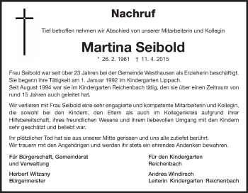 Traueranzeige von Martina Seibold von Schwäbische Post