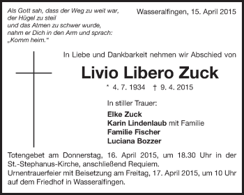 Traueranzeige von Livio Libero Zuck von Schwäbische Post