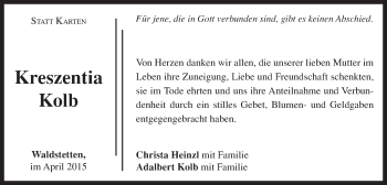 Traueranzeige von Kreszentia Kolb von Gmünder Tagespost