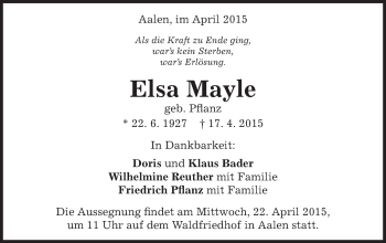 Traueranzeige von Elsa Mayle von Schwäbische Post