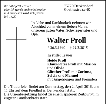 Traueranzeige von Walter Proll von Schwäbische Post