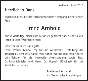 Traueranzeige von Irene Arnhold von Schwäbische Post