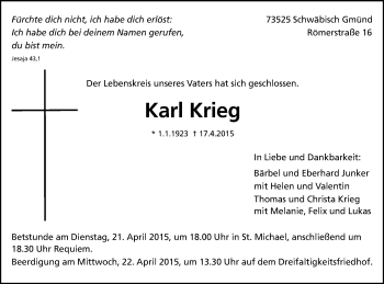 Traueranzeige von Karl Krieg von Gmünder Tagespost