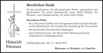 Traueranzeige von Heinrich Förstner von Schwäbische Post