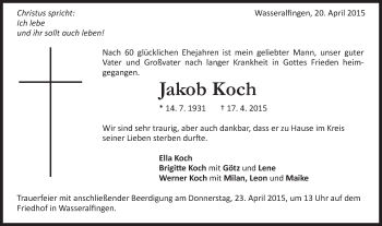Traueranzeige von Jakob Koch von Schwäbische Post