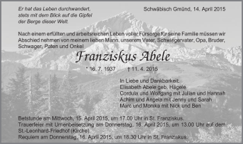 Traueranzeige von Franziskus Abele von Gmünder Tagespost