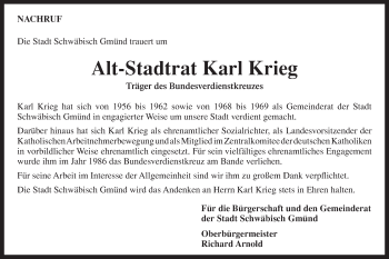 Traueranzeige von Karl Krieg von Gmünder Tagespost