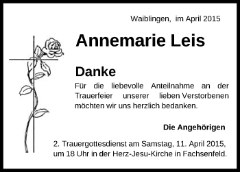 Traueranzeige von Annemarie Leis von Schwäbische Post