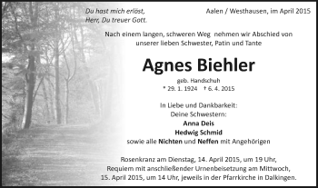 Traueranzeige von Agnes Biehler von Schwäbische Post