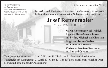 Traueranzeige von Josef Rettenmaier von Schwäbische Post