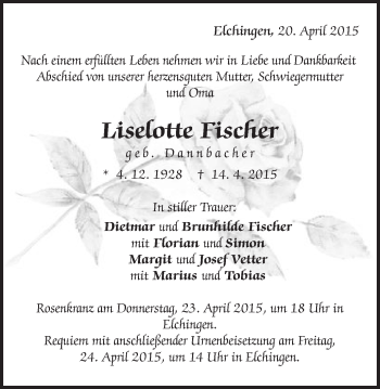 Traueranzeige von Liselotte Fischer von Schwäbische Post