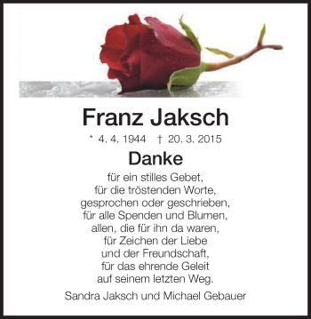 Traueranzeige von Franz Jaksch von Schwäbische Post