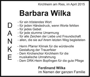 Traueranzeige von Barbara Wilka von Schwäbische Post