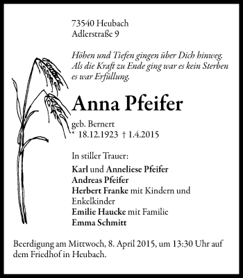 Traueranzeige von Anna Pfeifer von Gmünder Tagespost