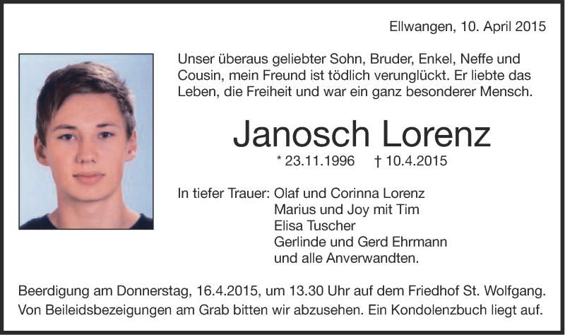  Traueranzeige für Janosch Lorenz vom 11.04.2015 aus Schwäbische Post