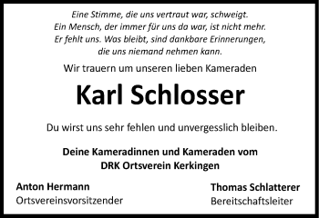 Traueranzeige von Karl Schlosser von Schwäbische Post