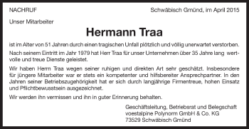 Traueranzeige von Hermann Traa von Gmünder Tagespost