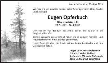 Traueranzeige von Eugen Opferkuch von Schwäbische Post
