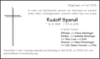 Traueranzeige von Rudolf Spandl von Gmünder Tagespost
