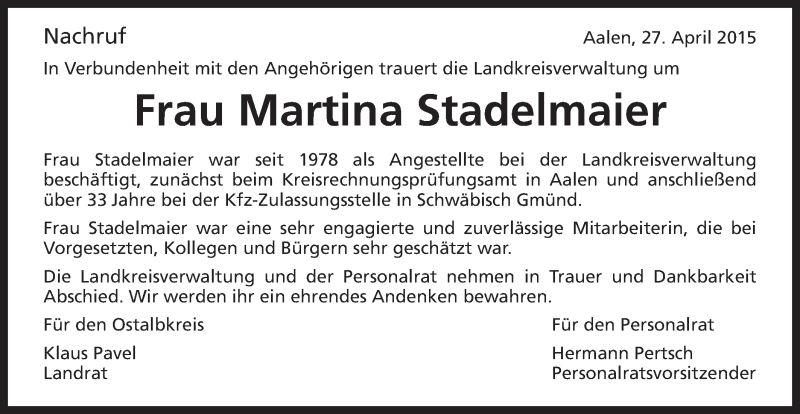  Traueranzeige für Martina Stadelmaier vom 27.04.2015 aus Gmünder Tagespost