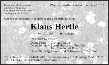 Traueranzeige von Klaus Hertle von Schwäbische Post