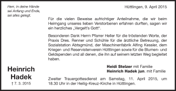 Traueranzeige von Heinrich Hadek von Schwäbische Post