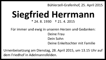 Traueranzeige von Siegfried Herrmann von Schwäbische Post