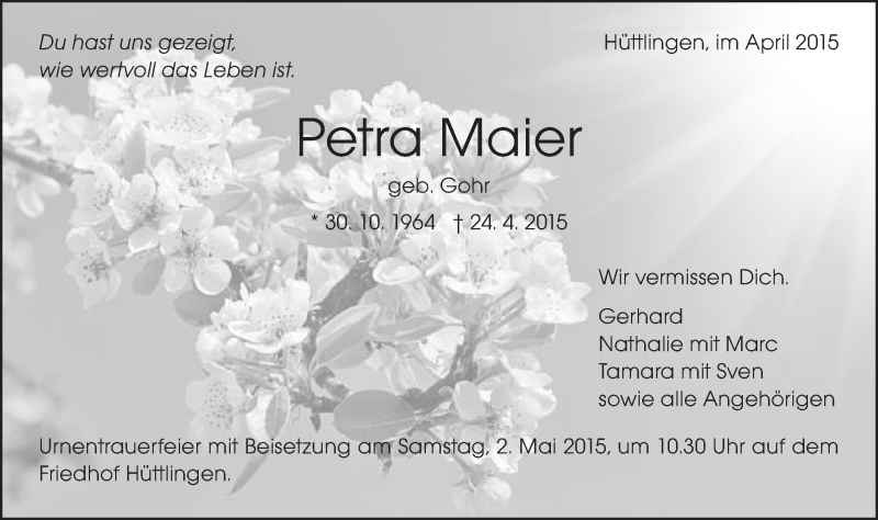  Traueranzeige für Petra Maier vom 29.04.2015 aus Schwäbische Post